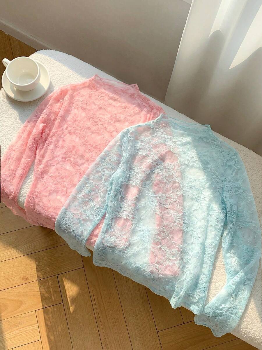 Comfortcana 女士时尚休闲针织蕾丝网纱两件套,蕾丝长袖上衣,蕾丝衬衫,蕾丝打底衫,蕾丝针织毛衣,蕾丝长袖打底衫 - 彩色 - 查看 1