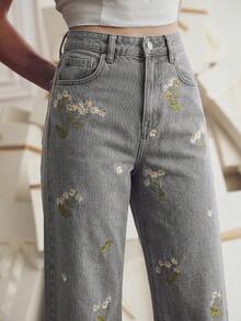Anewsta Jeans de pierna recta con bordado floral - Gris - Ver 2