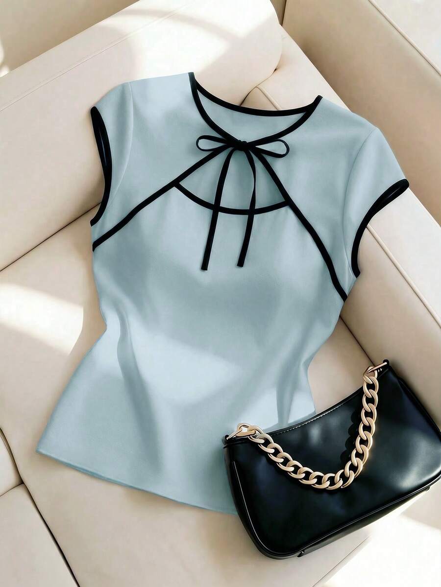 INAWLY Áo croptop tay ngắn kiểu Trung Quốc mới, phối màu tương phản, thắt dây, dành cho nữ, chất liệu jacquard, xuyên thấu, ôm sát, gợi cảm. - Màu xanh lam - Xem 1