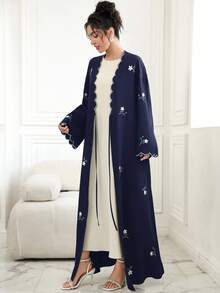 Al Najma Women's Contrast Trim Embroidered Tie Front Robe, Suitable For Daily Wear, Gatherings And Formal Events - Navy Blue - View 3