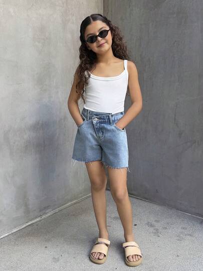 Dazy Kids Tween Girls' Asymmetric Waist Pocket Frayed Hem Denim Shorts