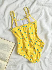 SHEIN Bộ áo liền quần hai dây màu vàng chấm bi xanh dương dáng casual cho bé gái tuổi teen, chất liệu vải dệt kim, thời trang và thanh lịch, thích hợp cho bơi lội, kỳ nghỉ hè và đi biển. - Nhiều màu - Xem 2