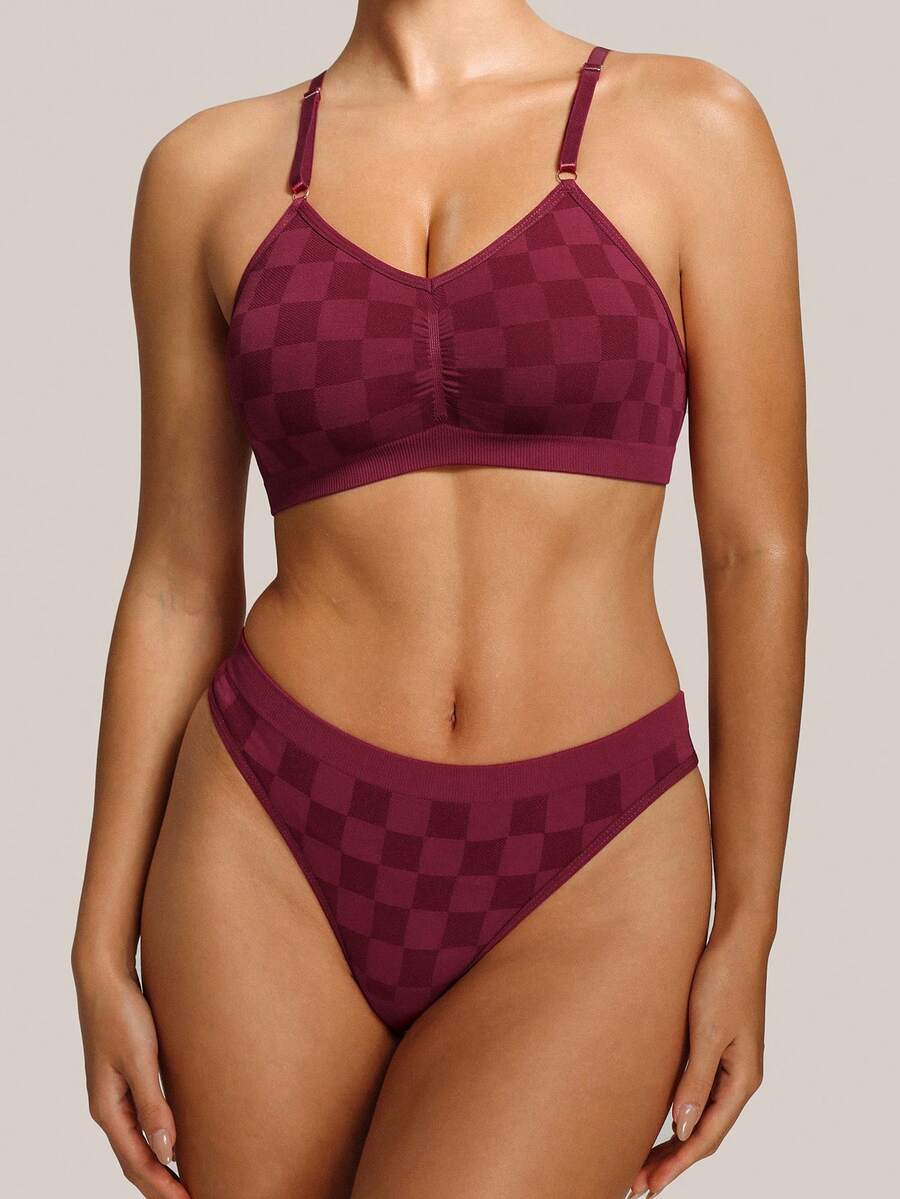 2pcs/Set Seamless Women Underwear Thong Set - Burgundy - View 1