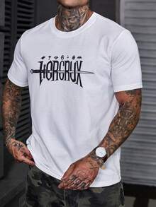 Camiseta de cuello redondo con estampado de letras para hombre, camiseta gráfica de verano, colaboración - Blanco - Ver 4