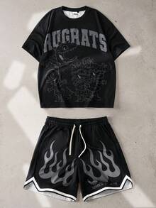 Nick 90s | SHEIN Men's Cartoon Dinosaur Print Short Sleeve T-Shirt And Shorts Set, Nick 90s - Black - View 3