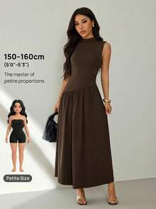 SHEIN PETITE Đầm không tay màu trơn thanh lịch dành cho nữ, thích hợp cho mùa hè. - màu nâu - Xem 4