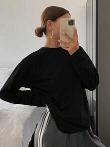 Livesso Women's Casual Round Neck Black Long Sleeve Simple T-Shirt Top , New Arrival For Autumn,Fall Women Clothes - Black - View 2