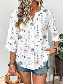 EMERY ROSE Plus Size Floral Print Button-Up Shirt, Suitable For Vacation And Everyday Wear Vacation White Autumn Smart Casual - Multicolor - View 4