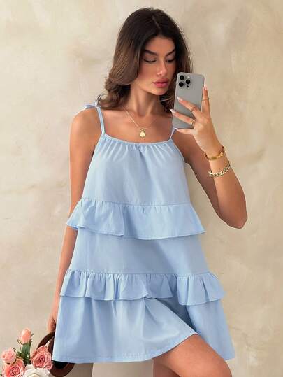 SHEIN Women's Tiered Ruffle Mini Dress Featuring Delicate Tie-Strap Shoulders, Open Back Design, And Flirty Multi-Layered Voluminous Hem