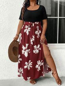 SHEIN Frenchy Plus Size Solid Color Leopard Patchwork Simple Daily Short Sleeve Dress For Women Fall Clothes - Red - View 1