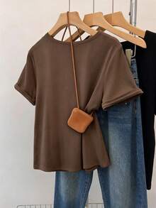 Resyla Plus Size Women Fashion Casual Retro Minimalist Romantic Button-Up T-Shirt - Coffee Brown - View 2
