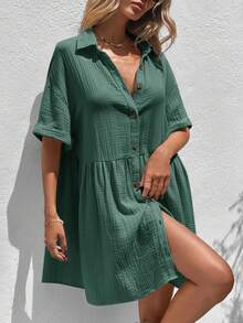 SHEIN VCAY Plus Size Blouse Collar Batwing Sleeve Patchwork Dress Green Summer Women Button Up Short Cotton Casual - Olive Green - View 8