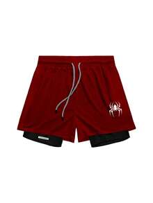 Gym Rark Men's Spider Print Contrast Color Round Neck Sleeveless Top And Drawstring Waist Shorts Sports Suit, Gym - Black - View 3