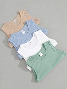 4 piezas Tops casuales y cómodos sin mangas para niños pequeños, multicolor, adecuados para primavera y verano - Multicolor - Ver 3