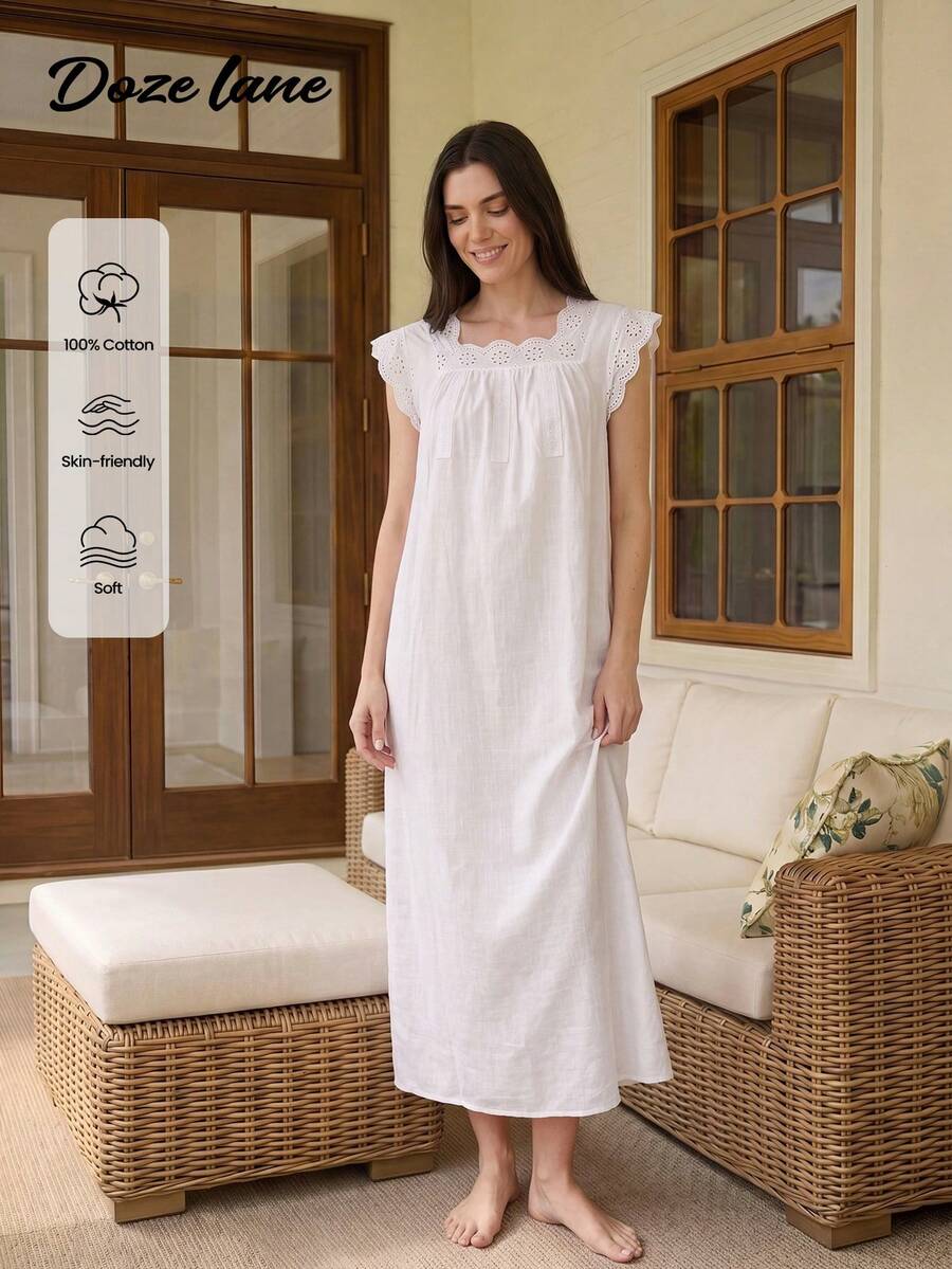 Doze Lane 100% Cotton Soft & Comfortable Ruffled Bow Tie Sleepwear Dress For Women - White - View 1