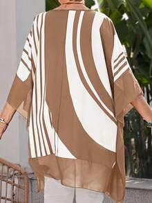 EMERY ROSE Plus Size Contrast Color Striped Batwing Sleeve Shirt - Coffee Brown - View 2