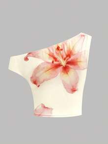 Girlism Bộ đồ dệt kim đồng bộ cho bé gái và thiếu niên, hàng mới về mùa xuân/hè, áo crop top ôm sát in hoa màu hồng cánh sen bất đối xứng vai và chân váy ngắn, thích hợp cho mùa hè và kỳ nghỉ. - Màu vàng - Xem 7