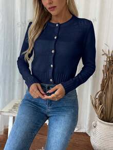 SHEIN LUNE كارديجان طويل الأكمام أنيق ذو لون أحادي مع أزرار أمامية مناسب الحجم خفيف الوزن - أزرق غامق - مشاهدة 3