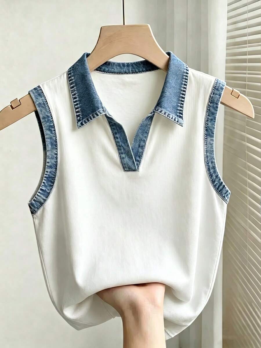 Resyla Women's Casual Collared Patchwork Tank Top, Summer - Multicolor - View 1