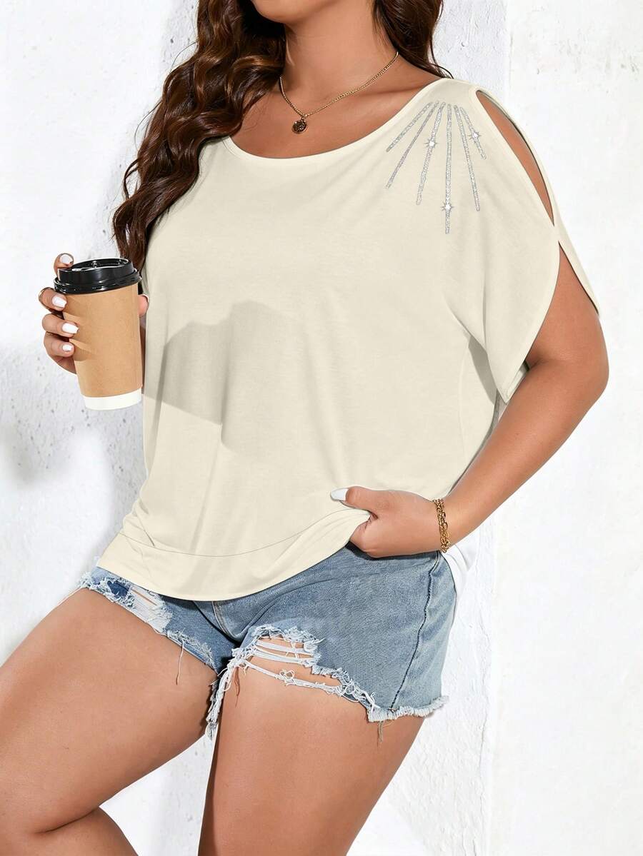 SHEIN Clasi Plus Size Women Solid Color Knitted Round Neck With Ripped Shoulder Rhinestone Design Casual Summer T-Shirt Graphic Tees Women Tops - Apricot - View 1