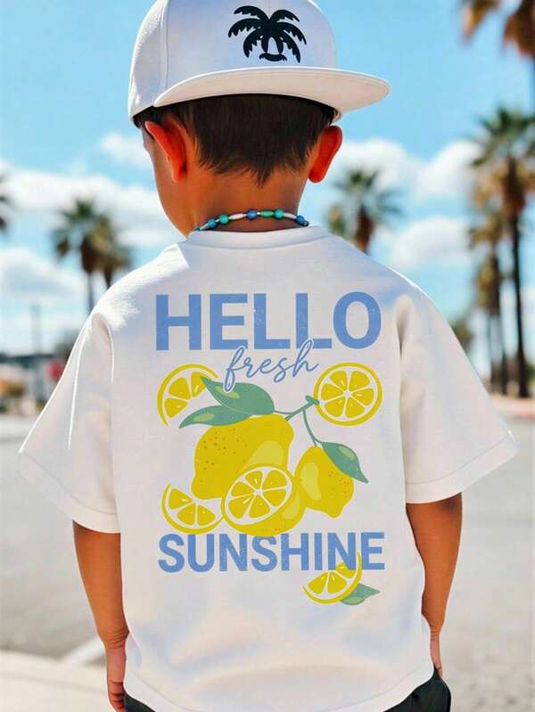 Young Boy Casual Cartoon Pattern Short Sleeve Round Neck T-Shirt, Suitable For Summer Lemon Summer