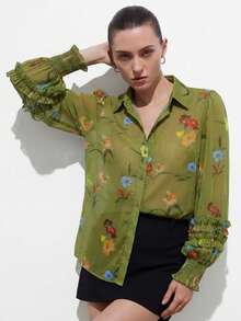 Aveloria Revavyn Áo kiểu tay dài thanh lịch bằng vải chiffon phối màu hoa văn ngẫu nhiên, xếp lớp, tay áo bèo nhún. - Nhiều màu - Xem 4