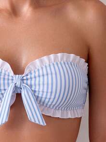 Swim Vcay Áo kiểu casual in sọc bán chạy nhất dành cho kỳ nghỉ biển, cổ và gấu áo nhún bèo, dây đeo cổ chống trượt, phối cùng đồ bơi vào mùa hè. - Nhiều màu - Xem 4