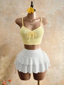 Glamine 女士黄白条纹针织提花吊带背心，V领抽绳修身短款背心，夏季休闲通勤装 - 彩色 - 查看 7