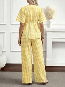 GentleRue Maternity 2pcs Set: Lace-Up Plaid Blouse & Wide Leg Pants - Yellow - View 2