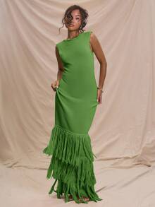MUSERA Đầm maxi không tay, chất liệu gân, viền tua rua, thích hợp cho kỳ nghỉ hè, du lịch biển Ibiza, hẹn hò mùa đông, phong cách Nashville, lễ hội mùa xuân, kỳ nghỉ - màu xanh lá - Xem 4