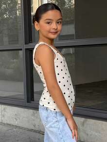 Dazy Kids Tank Top Leher Bulat Motif Polkadot Kasual untuk Liburan & Perjalanan Anak Perempuan Usia 8-12 Tahun, Musim Panas - Putih - View 2