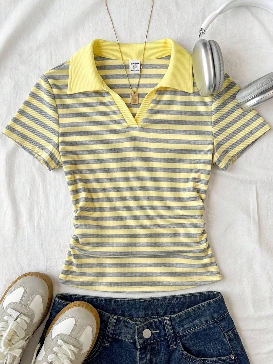 SHEIN Áo thun ngắn tay cổ tròn phối viền tương phản thời trang cho bé gái tuổi teen, kiểu dáng thường ngày, đa năng, thích hợp mặc mùa hè, mùa xuân, đi dã ngoại, phong cách Y2K màu xanh dương. - Màu vàng - Xem 1