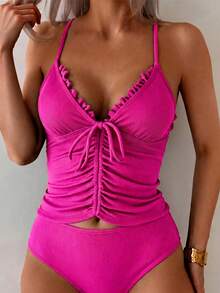 SHEIN Swim 女士纯色褶皱深V领无袖抽绳背心式泳衣套装，适合旅行、度假、游泳池、夏季海滩 - 粉色 - 查看 1
