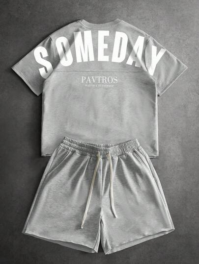 PAVTROS Men's Letter Print Round Neck Short Sleeve T-Shirt And Casual Shorts Set