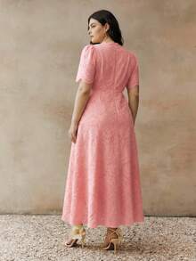 Anewsta Quality Elegant Floral Trim Round Neck Waist Cinched Short Sleeve Plus Size Women Dress - Pink - View 6