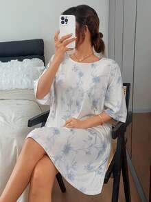 DAZY Women's Floral Print Crew Neck Nightgown Summer Pajamas - Baby Blue - View 1