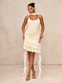 Lumalex Summer Sequin Spaghetti Strap Multilayer Ruffle Hem Mesh Patchwork Flowy Dress For Women,Cream White Elegant Party Luxury Wedding Guest Graduation - Apricot - View 4