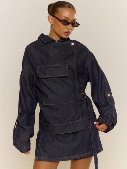 MUSERA Ayemetric Buckle Detail Oversized Denim Jacket Spring Summer Cute Cosy Cottage Core Spring Dew