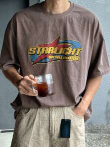 DAZY Men's Summer T-Shirt With Letter Print,Graphic Tees - Coffee Brown - View 2