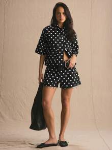 MUSERA 波点牛仔超大款套装上衣，春夏舒适可爱日常少女风度假阳光社交装 - 黑色 - 查看 4