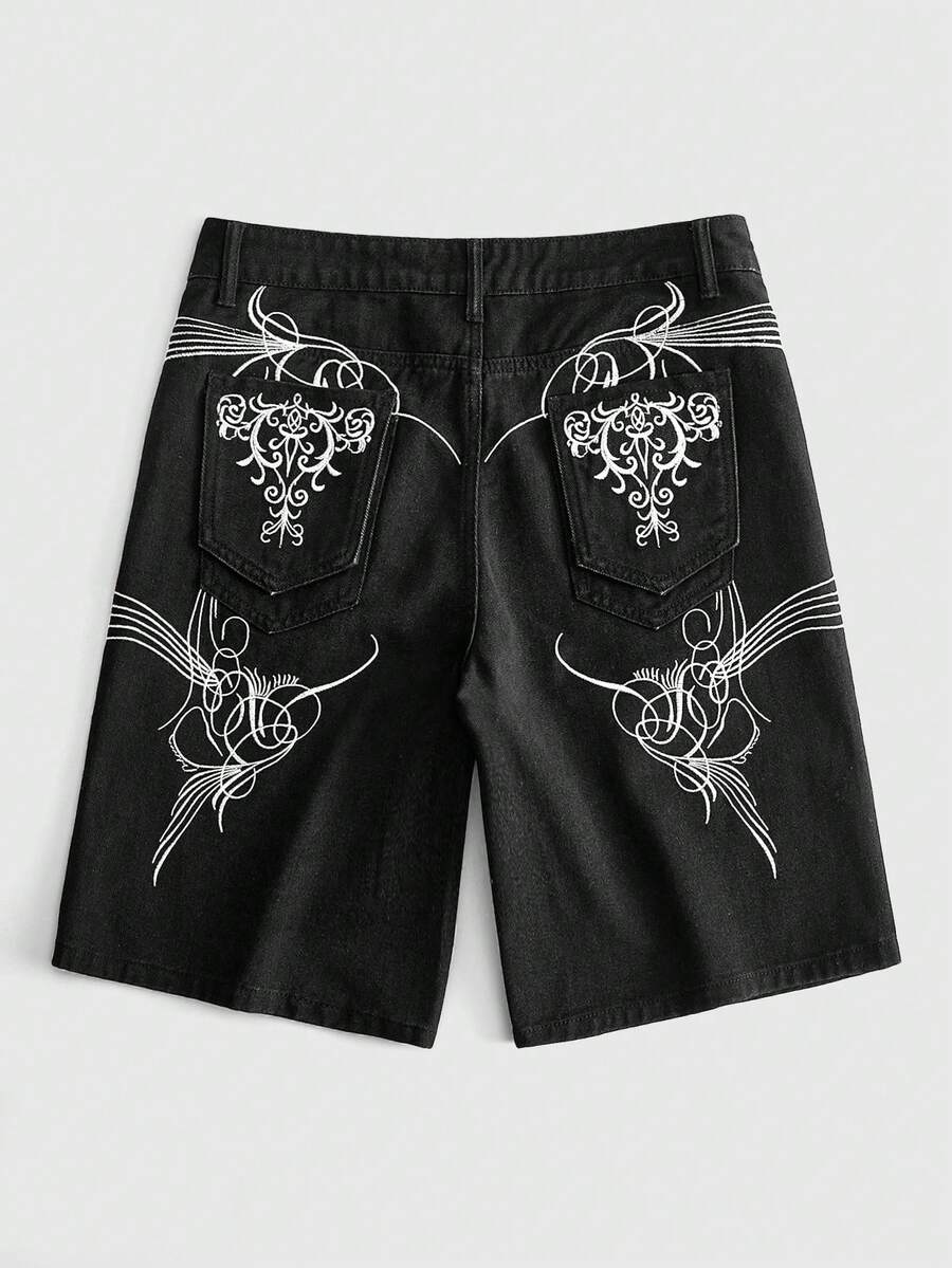 ROMWE MEN Men's Denim Embroidered Shorts, Suitable For Spring And Summer Everyday Wear - Black - View 1