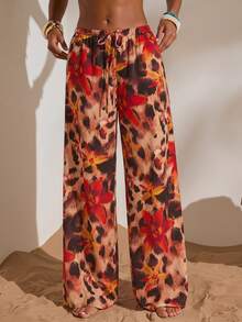 Opulessa Women's Floral Print Drawstring Waist Pockets Casual Pants - Brown - View 3
