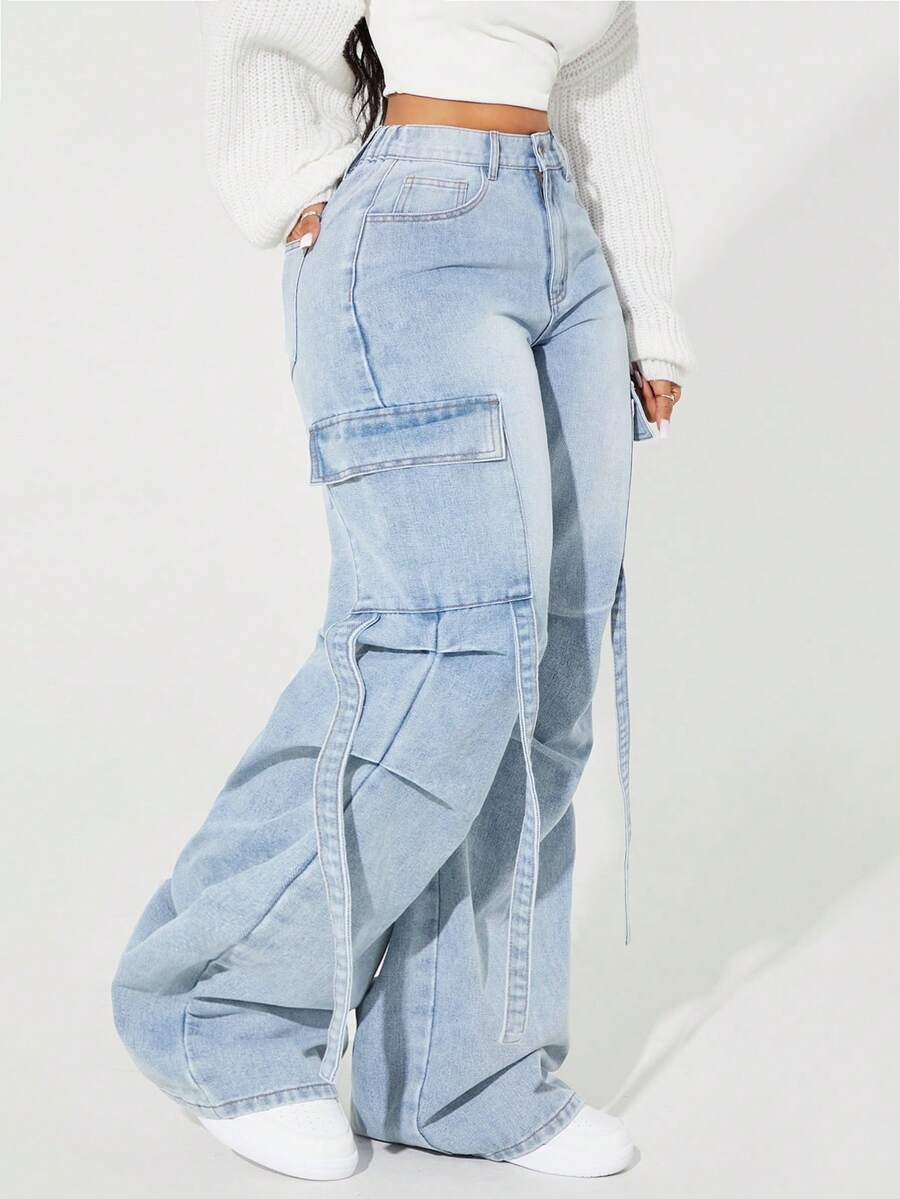 SHEIN Tall 女款純色休閒 Y2K 寬鬆寬腿工裝牛仔褲 日常旅行淺藍色夏季 - 淺色水洗藍 - 查看 1