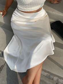 Dazy Plus Plus Size Women Elegant Satin Short Knee-Length Skirt, Suitable For Beach, Holiday, Party, Spring/Summer - Apricot - View 4