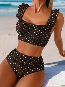 Swim Basics 2pcs Women's White With Black Polka Dots Summer 70s Retro Beach Party Holiday,Elegant Ruffle Strap Pleated Top&High Waist Ruched Triangle Bottom Set - Coffee Brown - View 1