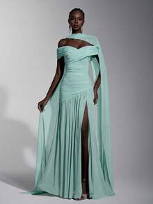 Elitara Elegant Minimalist Asymmetric Shoulder Ruched Split A-Line High Slit Dress,Suitable For Weddings,Formal Events,Galas,Evening Parties - Mint Blue - View 1