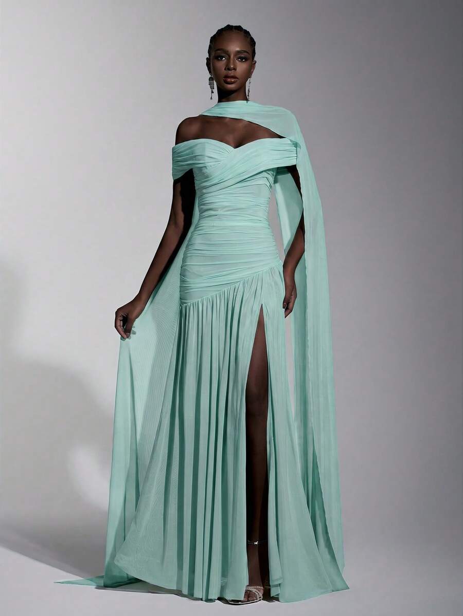Elitara Elegant Minimalist Asymmetric Shoulder Ruched Split A-Line High Slit Dress,Suitable For Weddings,Formal Events,Galas,Evening Parties - Mint Blue - View 1