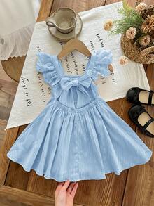 LMoss Kids Vestido casual de niña con cuello cuadrado, volantes en el bajo y unicolor tejido - Celeste - Ver 4