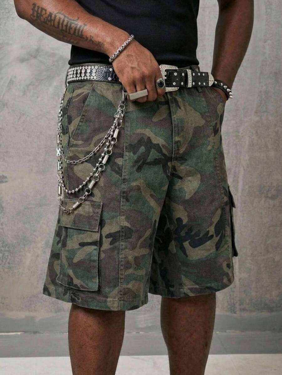 RHETRK Men Plus Size Casual Street Style Multi-Pocket Distressed Camouflage Wide Leg Denim Shorts - Army Green - View 1