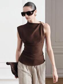 Aveloria Modichic Women's Asymmetrical Neckline T-Shirt,Brown And Gold Metal Ring Ruched Blouse,Slim Fit Worsted Knit Elegent Old Money Style,Summer Dinner Date Top - Brown - View 7